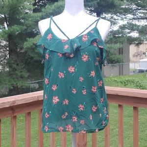 Japan green orange red flower ruffle tank top L